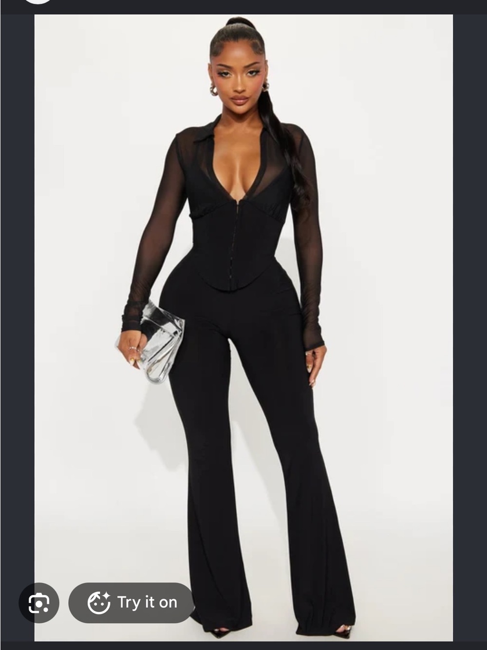 Fashion Nova Black Long Sleeve Venezia Corset Flare Set